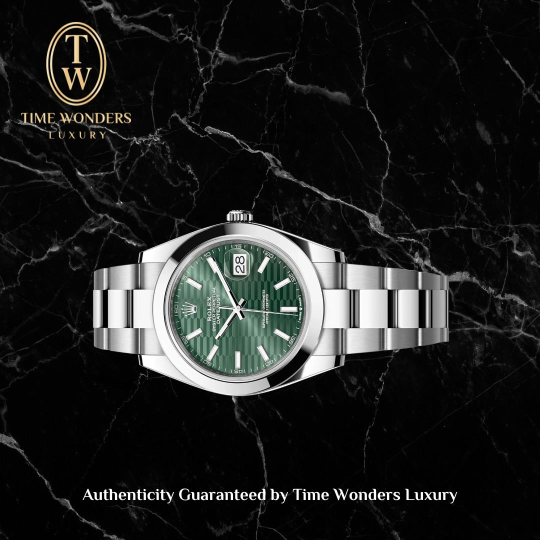 Mint November 2023 Rolex Datejust 41mm Motif Green 126300 Smooth Bezel Oyster Bracelet