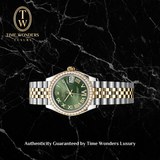 Mint May 2021 Rolex Datejust 31mm Two-tone Yellow Gold 278383RBR Olive Green Dial Diamond Bezel 278383RBR-0016 278383