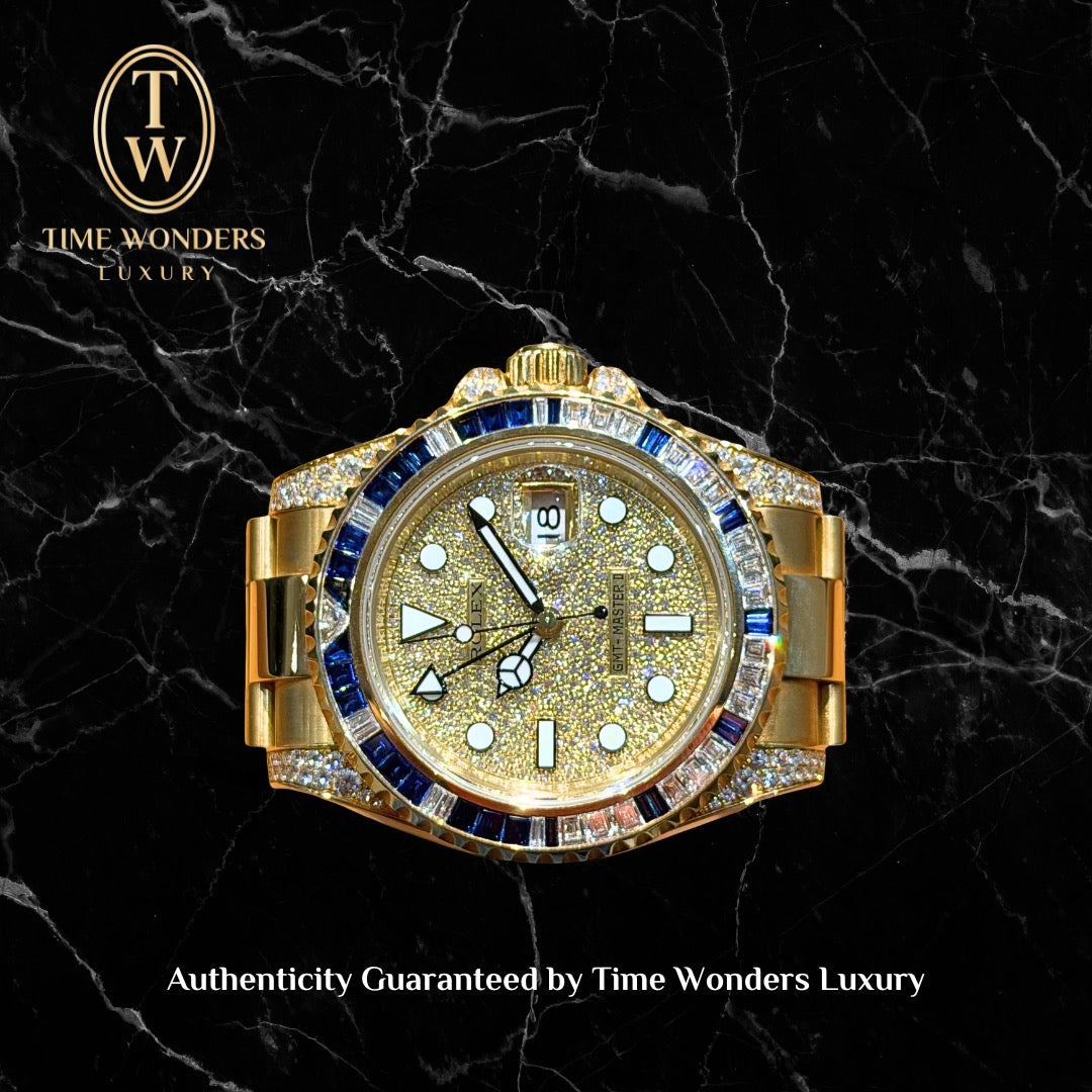 Mint December 2012 Rolex GMT Master II 116758SA Yellow Gold Diamond & Blue Sapphire Bezel Paved Diamond Dial 116758